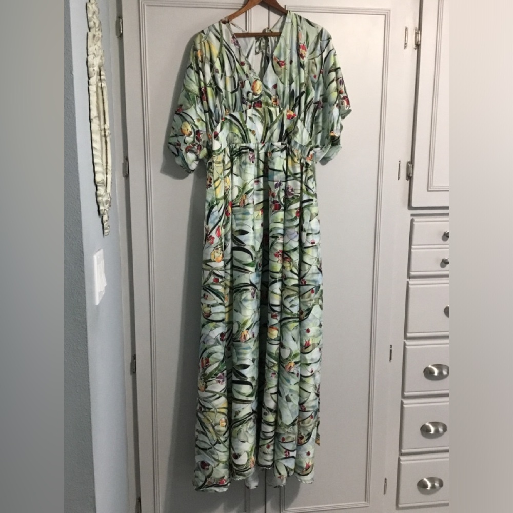 ADOR Empire Waist Floral Maxi Dress XL Tie Back Low V Neck